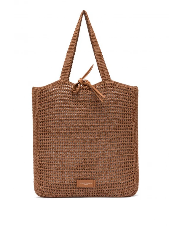 Vittoria leather shopping bag in crochet fabric