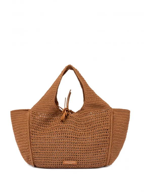 Euforia leather shopping bag in crochet fabric