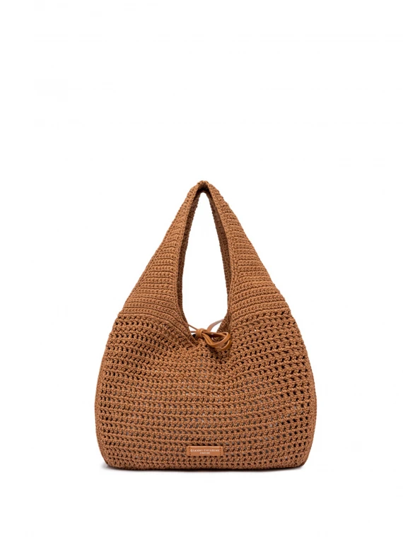 Euforia leather shopping bag in crochet fabric