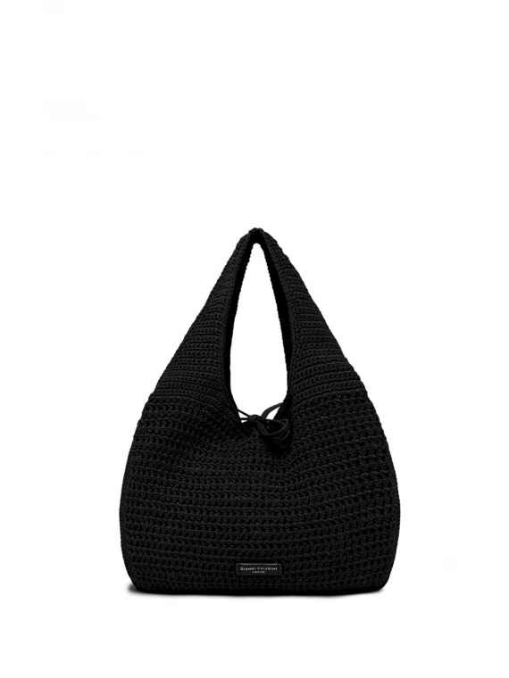Shopping bag Euforia nero in tessuto uncinetto