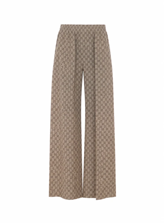 Pantaloni GG in seta crêpe de Chine beige e marrone