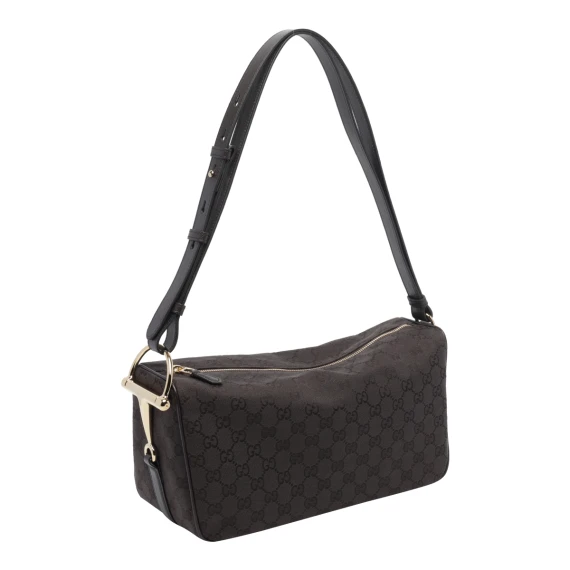 Borsa a spalla marrone scuro Half Horsebit in GG Supreme Gucci