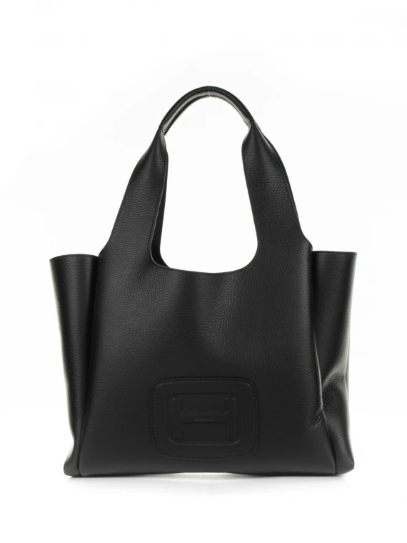 Medium black leather shopping bag