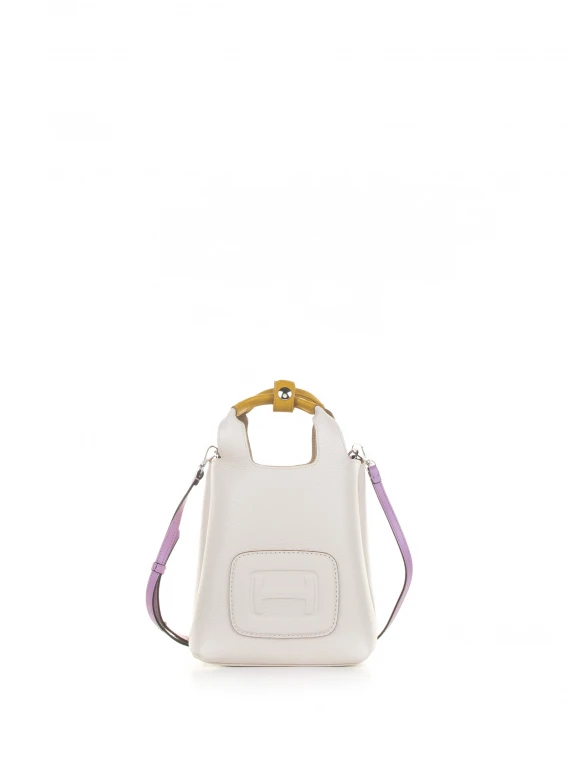 Mini white leather shopping bag with shoulder strap