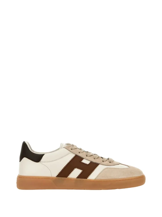 Sneakers in pelle liscia avorio beige e marrone