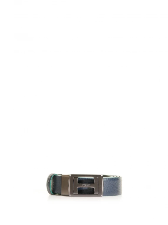 Leather belt with logo buckle