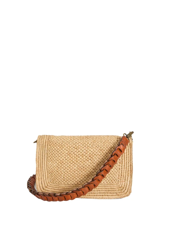 Raffia Shoulder Bag with Woven Leather Strap