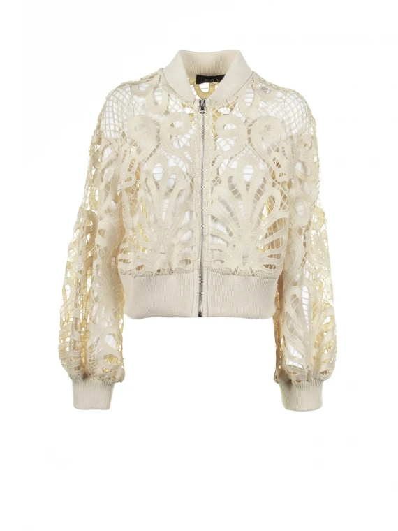 Cream perforated bomber jacket with zip