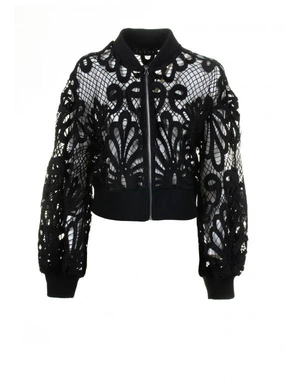 Black perforated bomber jacket with zip