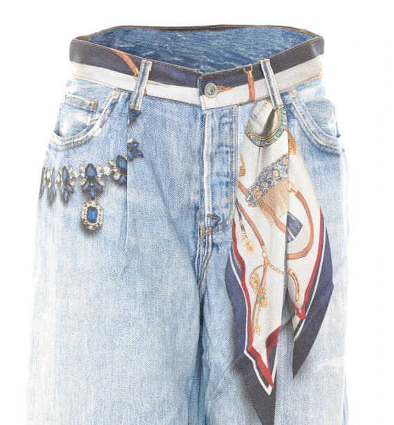 Blue flare jeans with removable printed scarf Liu Jo
