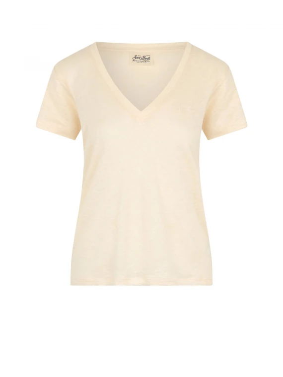 Women's peach V-neck t-shirt with logo