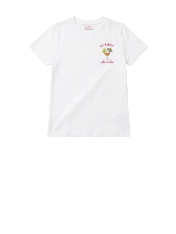 T-Shirt Emilie Bianca con Ricamo Après-Sun e Strass