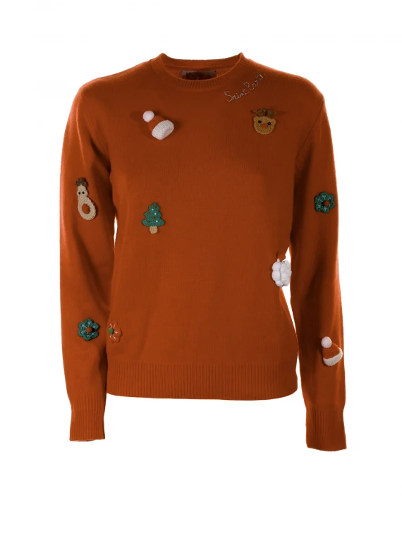 Red crewneck sweater with Christmas patches
