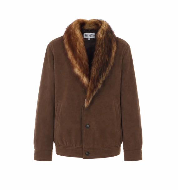 Brown jacket with faux-fur collar trim MM6 Maison Margiela