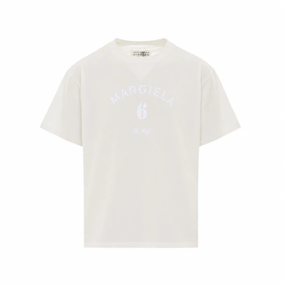 T-shirt bianca in cotone con logo stampato tono su tono