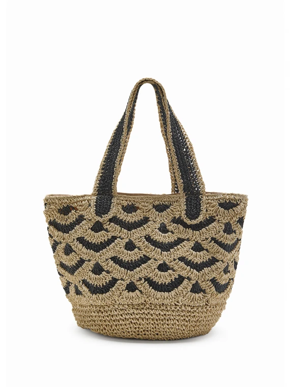 Shopping bag in hand-woven two-tone raffia