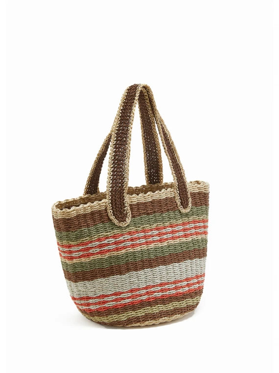 Shopping bag in hand-woven multicolored raffia