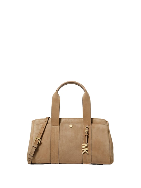 Romee Small Suede Satchel with Glossy MK Logo