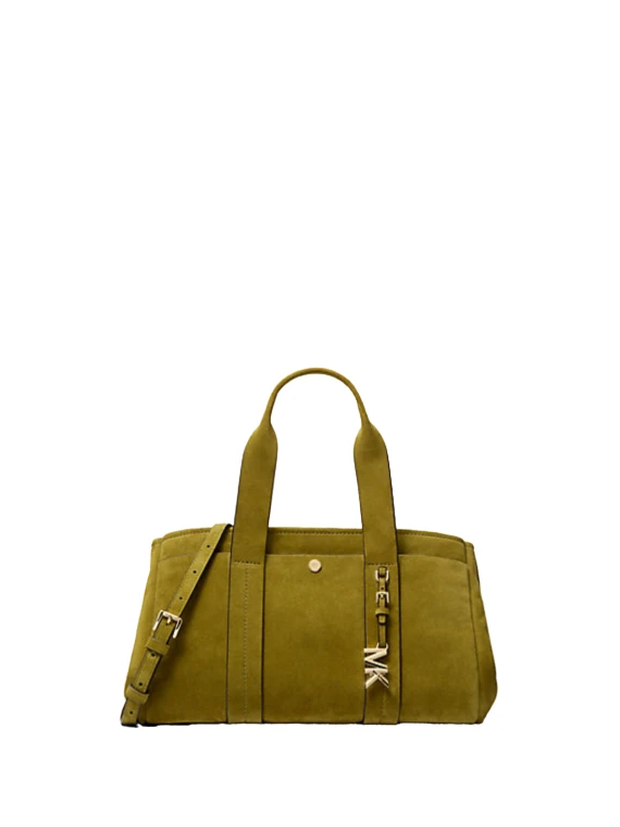Romee Small Suede Satchel with Glossy MK Logo