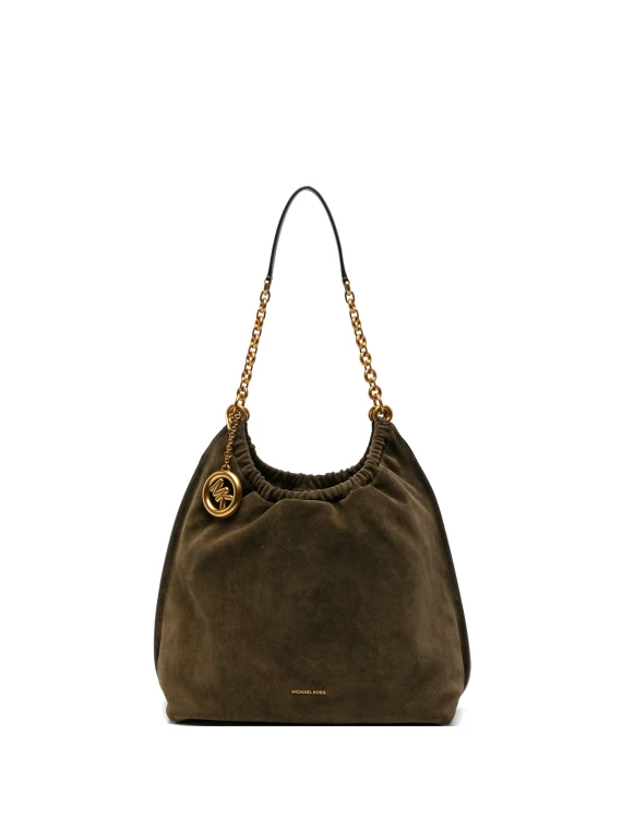 Borsa a Spalla in Camoscio con Ciondolo Logo Marrone