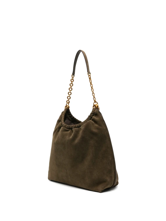 Borsa a Spalla in Camoscio con Ciondolo Logo Marrone