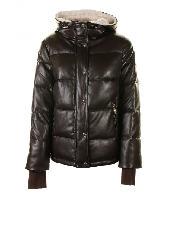 Leather-effect hooded down jacket