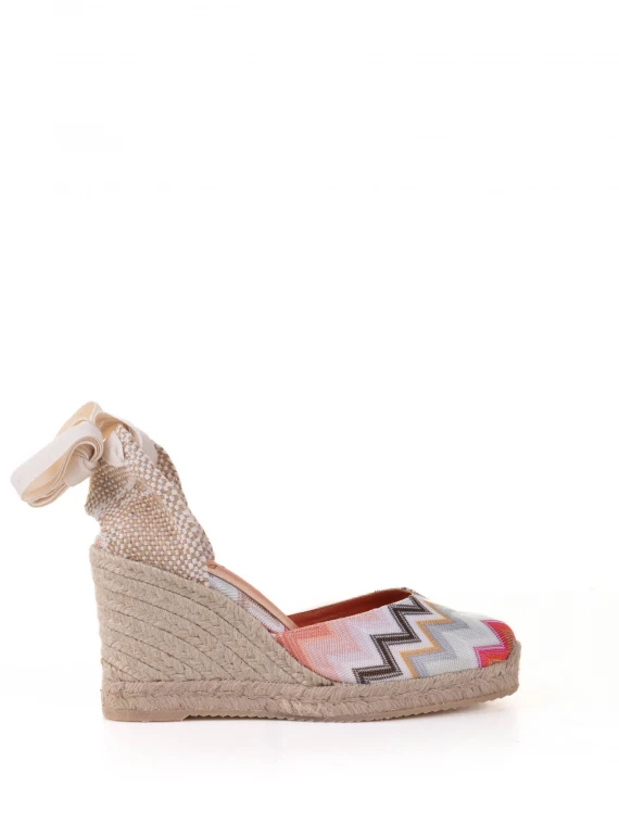 Espadrilles in chevron fabric with wedge and ankle laces