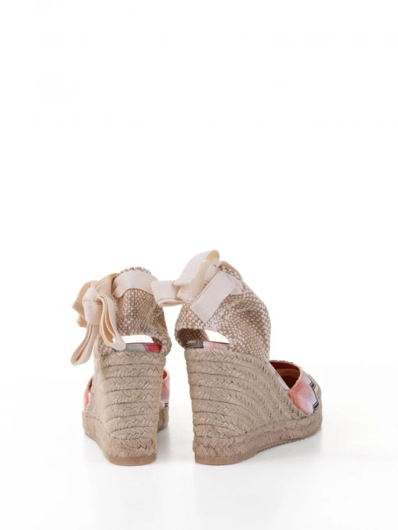 Espadrilles in chevron fabric with wedge and ankle laces