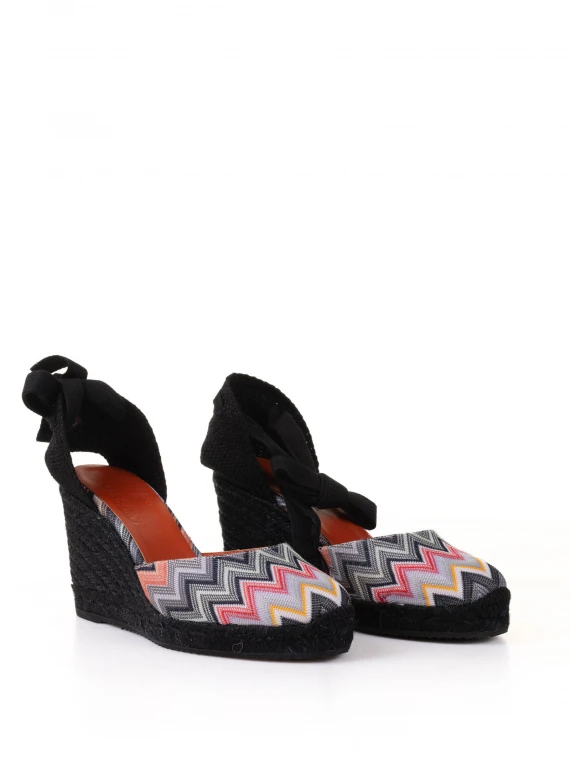 Espadrilles in chevron fabric with wedge and ankle laces