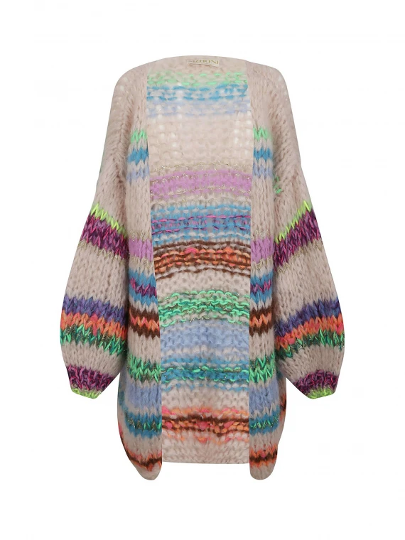 Long hand-knitted multicolor striped cardigan