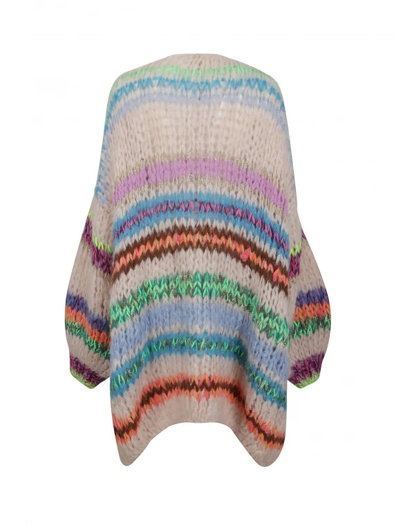 Long hand-knitted multicolor striped cardigan