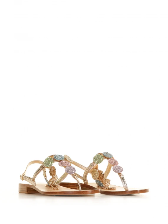 Flip flop sandal with multicolored rhinestones