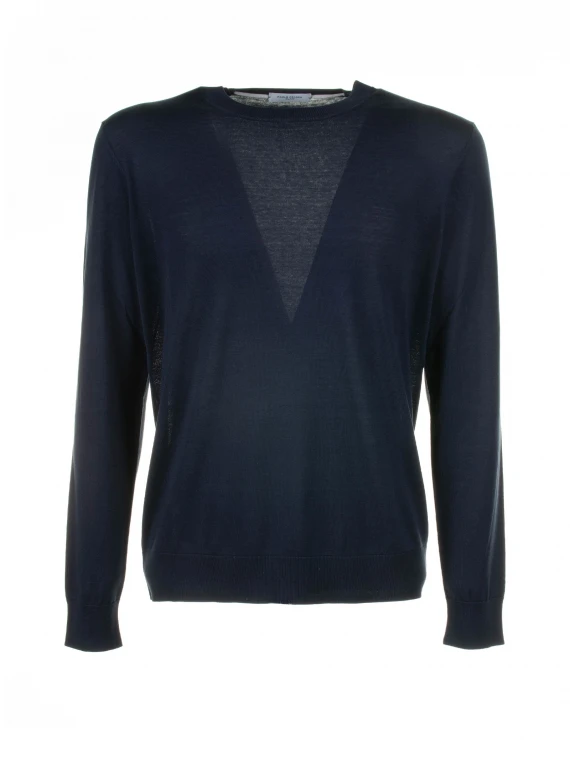Navy blue crew-neck sweater in cotton and silk