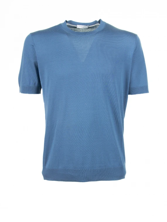 T-shirt azzurra in cotone e seta