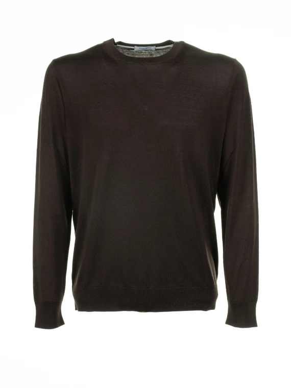 Brown crew-neck sweater in cotton and silk