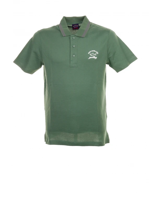 Green short-sleeved polo shirt with logo