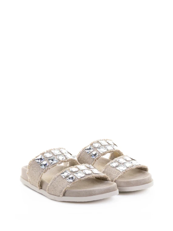 Linen and suede slipper with rhinestones