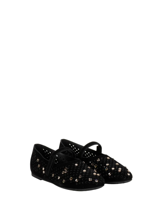 Perforated Suede Black Ballerinas with Rhinestones