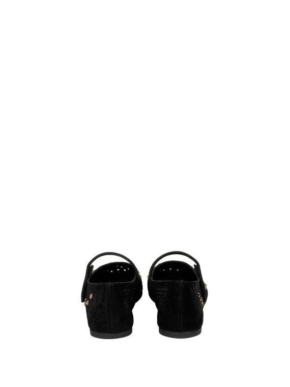 Perforated Suede Black Ballerinas with Rhinestones