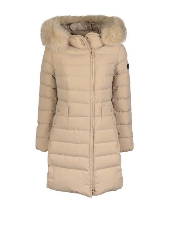 Piumino lungo beige con cappuccio e bordo in pelliccia di volpe removibile Peuterey