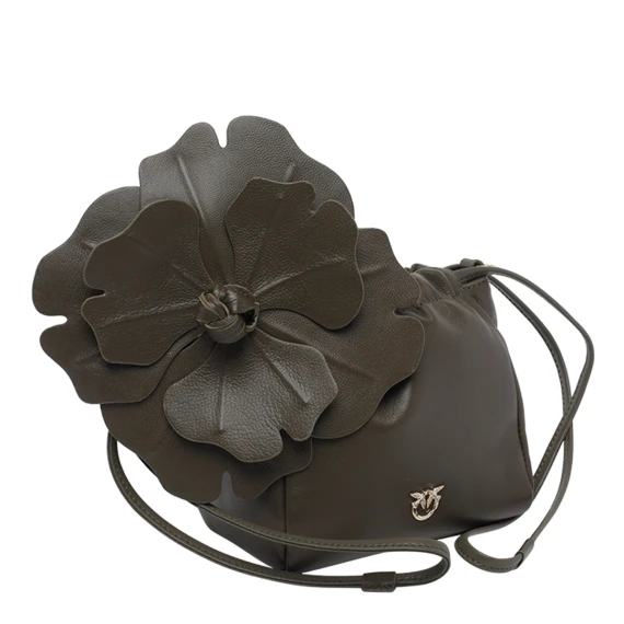 Military Green Nappa Flower Shoulder Bucket Bag PINKO