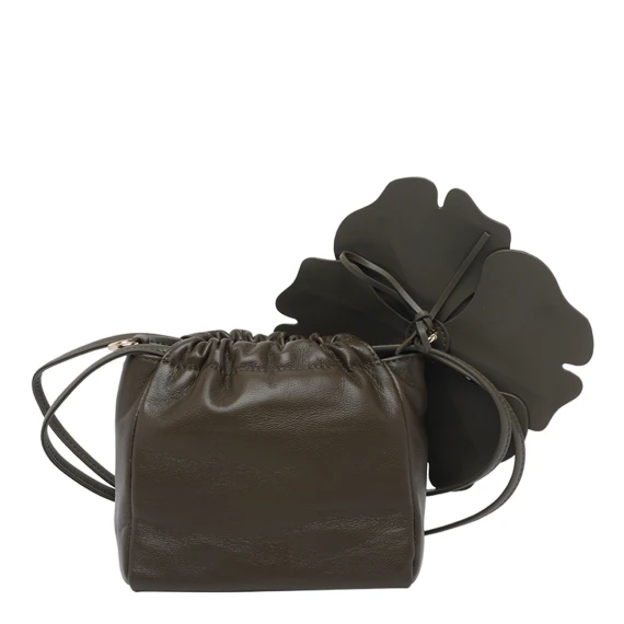 Military Green Nappa Flower Shoulder Bucket Bag PINKO