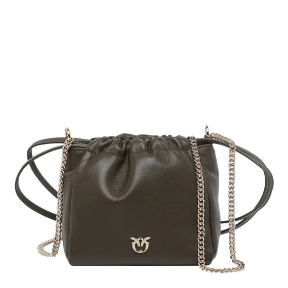 Military Green Nappa Flower Shoulder Bucket Bag PINKO