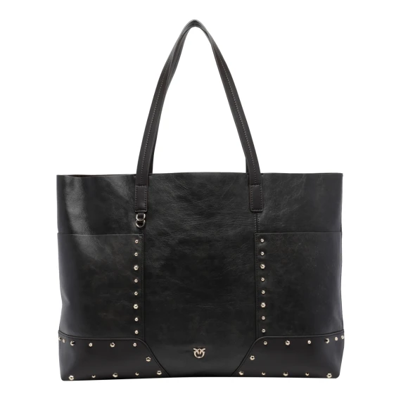 Shopping bag in pelle di vitello marrone scuro con borchie