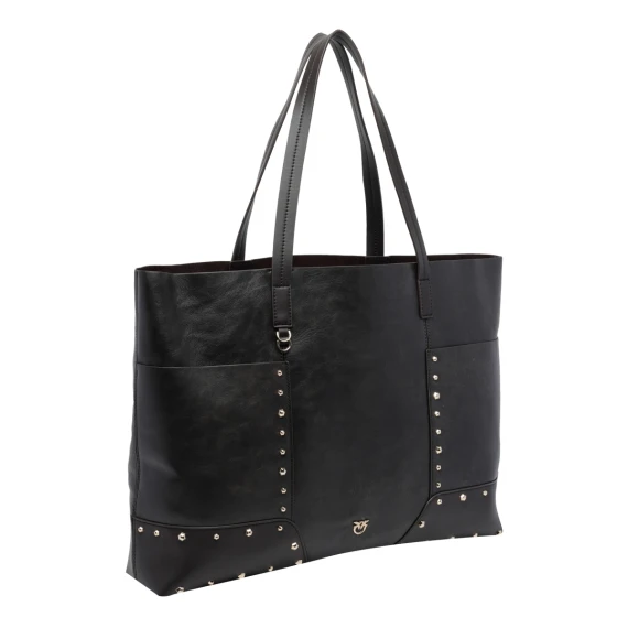 Dark brown calf leather shopping bag with studs PINKO