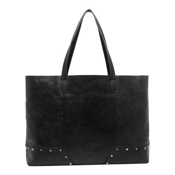 Dark brown calf leather shopping bag with studs PINKO