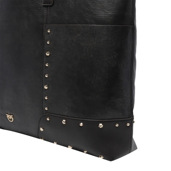 Dark brown calf leather shopping bag with studs PINKO