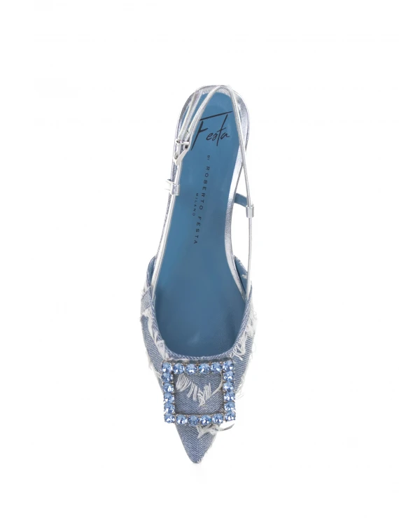 Chanel slingback in denim jeans with rhinestone accessory