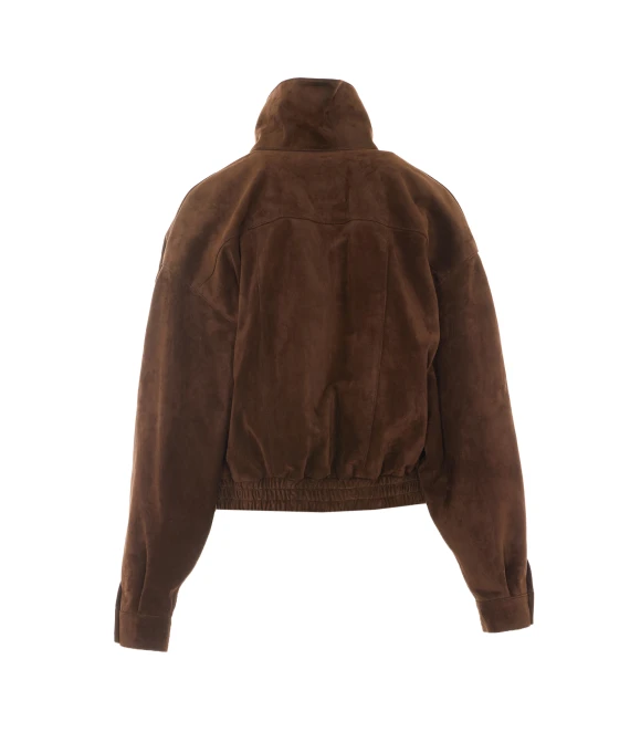 Brown Suede Bomber with Zip and Button Closure