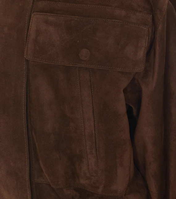 Brown Suede Bomber with Zip and Button Closure